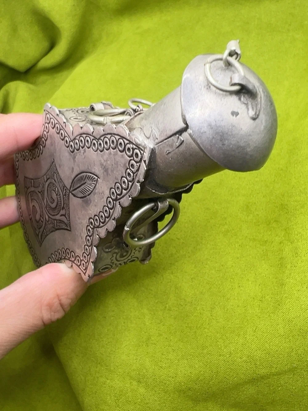 Antique Bedouin Kohl Flask Silver-Tone Engraved Middle Eastern Tribal Vessel